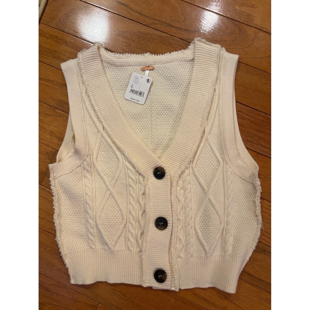 Free People Ivory Cable Knit Button Front Vest